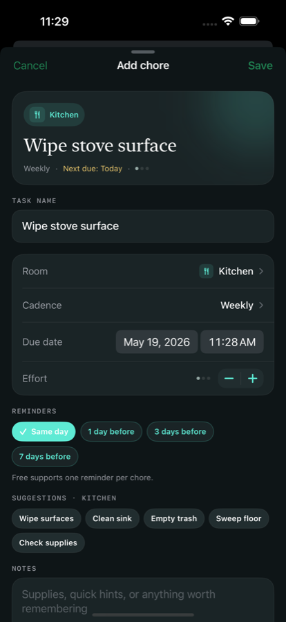 ChoreCue add chore screen.