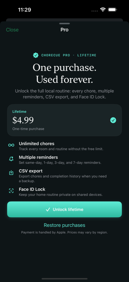 ChoreCue Pro screen with annual and monthly subscription options.