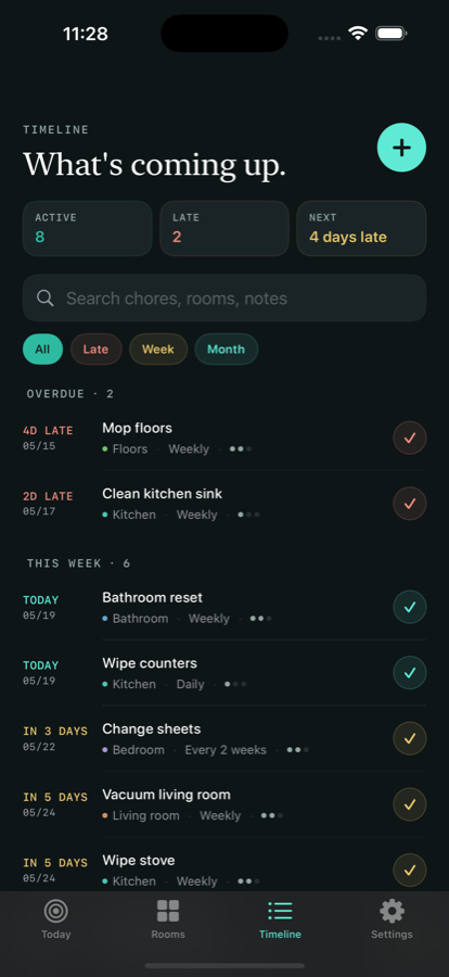 ChoreCue Timeline screen showing upcoming cleaning chores.