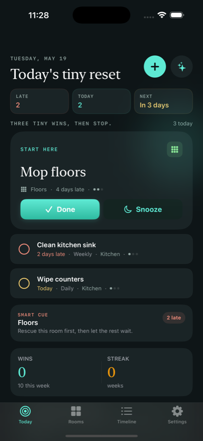 ChoreCue Today screen with three tiny wins and cleaning tasks.